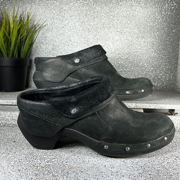 Merrell Luxe Wrap Black Leather Slip On Clogs Mules Shoes Size 7 - Picture 3 of 7